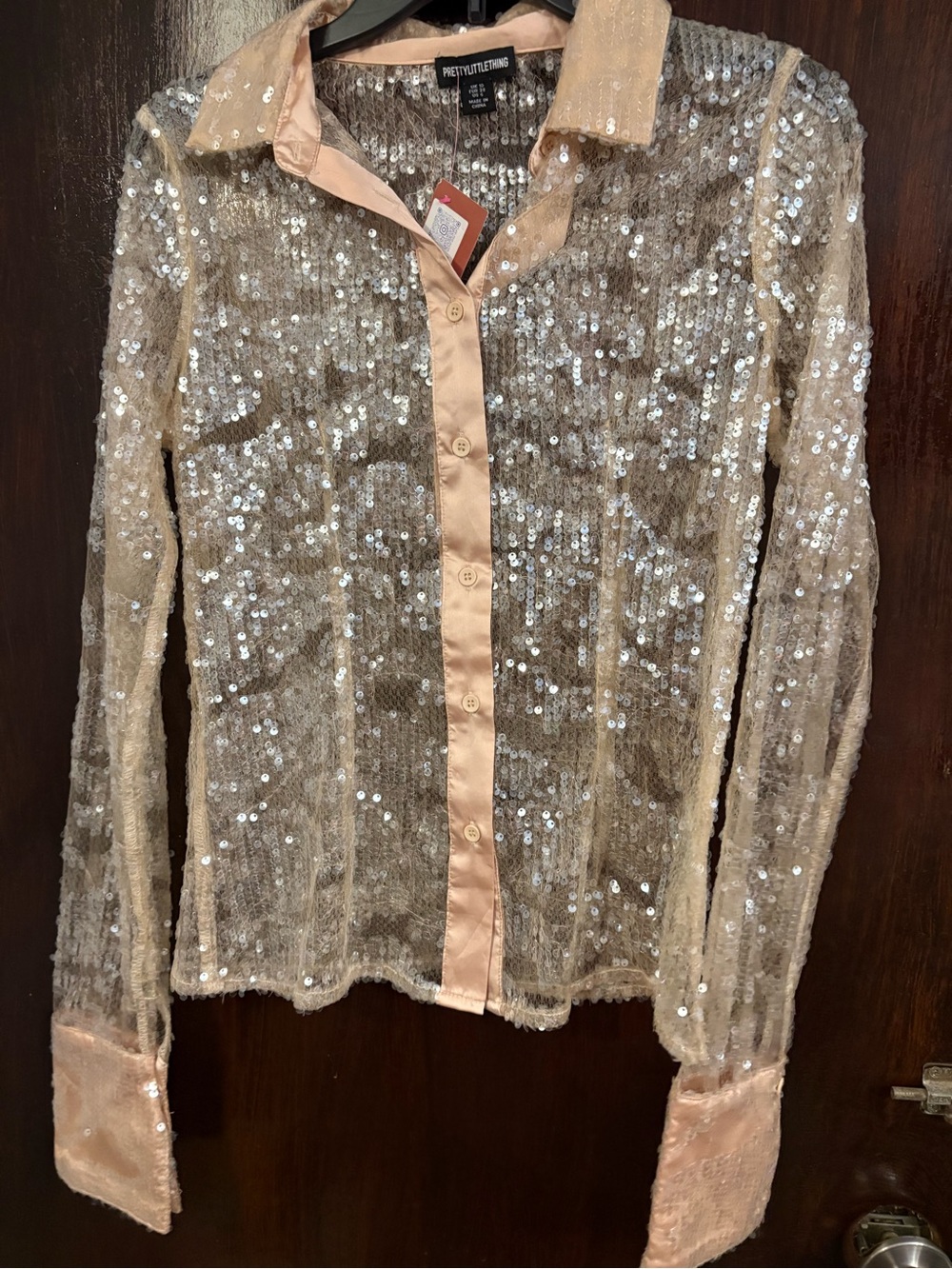 PrettyLittleThing Champagne Sequin Button-Down Shirt. Size 6.